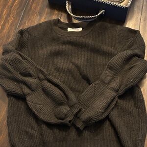 Black Ribbed Knit Crewneck Sweater w/ Puff Balloon Sleeves